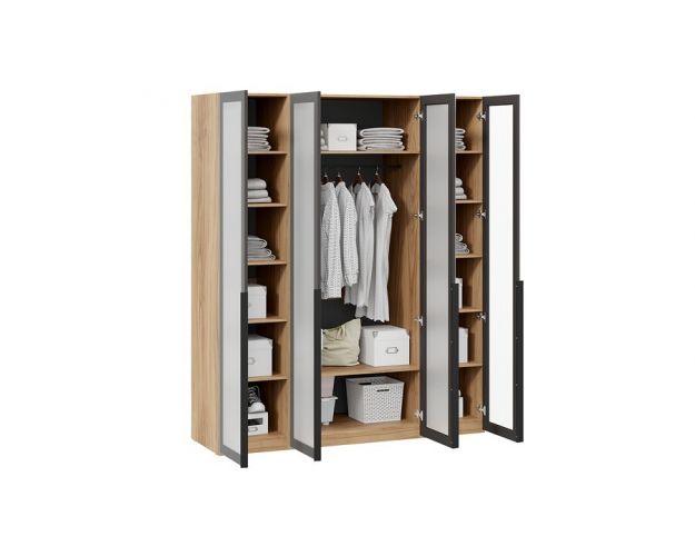 Шкаф четырехстворчатый 4 стекла Порто яблоня беллуно / графит / стекло сатин черное Шкаф четырехстворчатый 4 стекла Порто яблоня беллуно / графит / стекло сатин черное