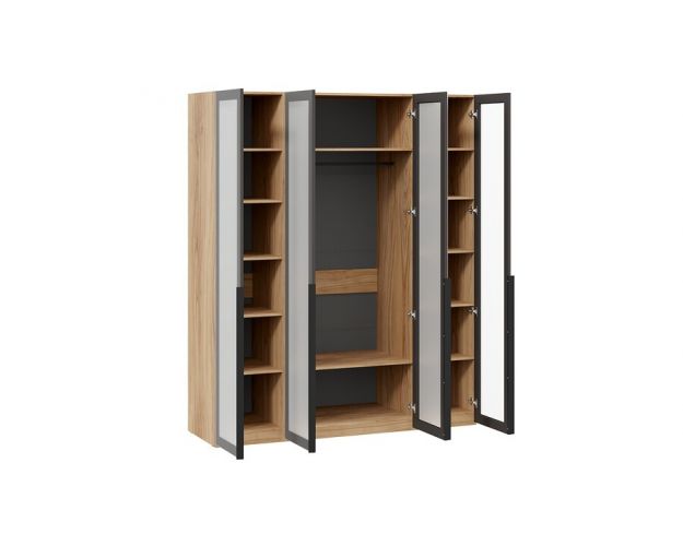 Шкаф четырехстворчатый 4 стекла Порто яблоня беллуно / графит / стекло сатин черное Шкаф четырехстворчатый 4 стекла Порто яблоня беллуно / графит / стекло сатин черное