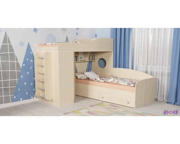Кровать-чердак Кадет-2 угловая с металлической лестницей Дуб Молочный/Дуб Молочный Кровать-чердак Кадет-2 угловая с металлической лестницей Дуб Молочный/Дуб Молочный